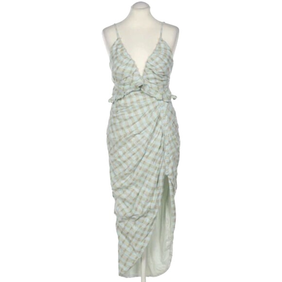 ASOS Gingham Linen Maxi Dress Button Front Strappy Asymmetrical Green Ruffle 8 - Picture 1 of 16